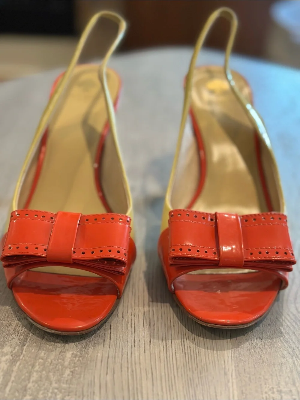 Kate Spade NY Patent Leather Slingback Bow Heels Coral Cream Size 10M